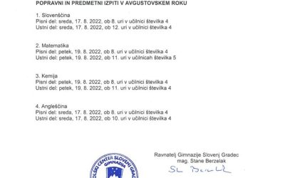 POPRAVNI IN PREDMETNI IZPITI V AVGUSTOVSKEM ROKU